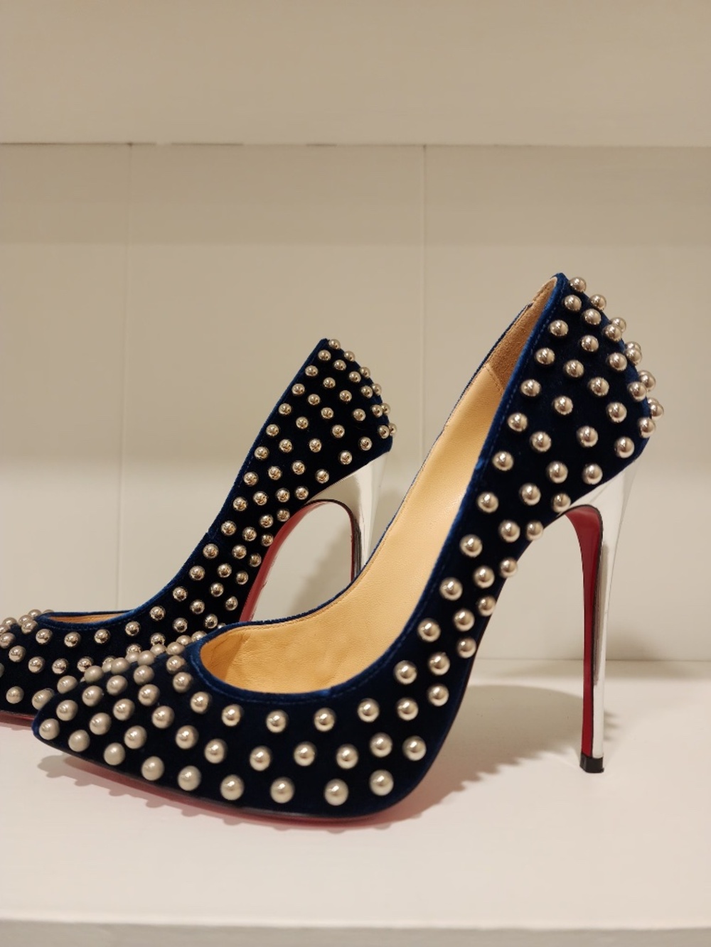 Christian Louboutin Billy 120 Studded Blue Velvet Pumps with Silver Heels